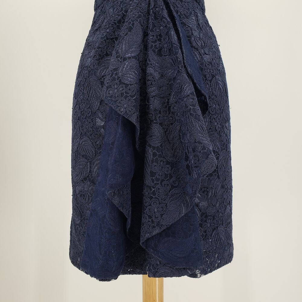 ML Monique Lhuillier Follow Suit Sheath Dress 12 Floral Leaf Lace Cocktail Navy - Picture 13 of 14